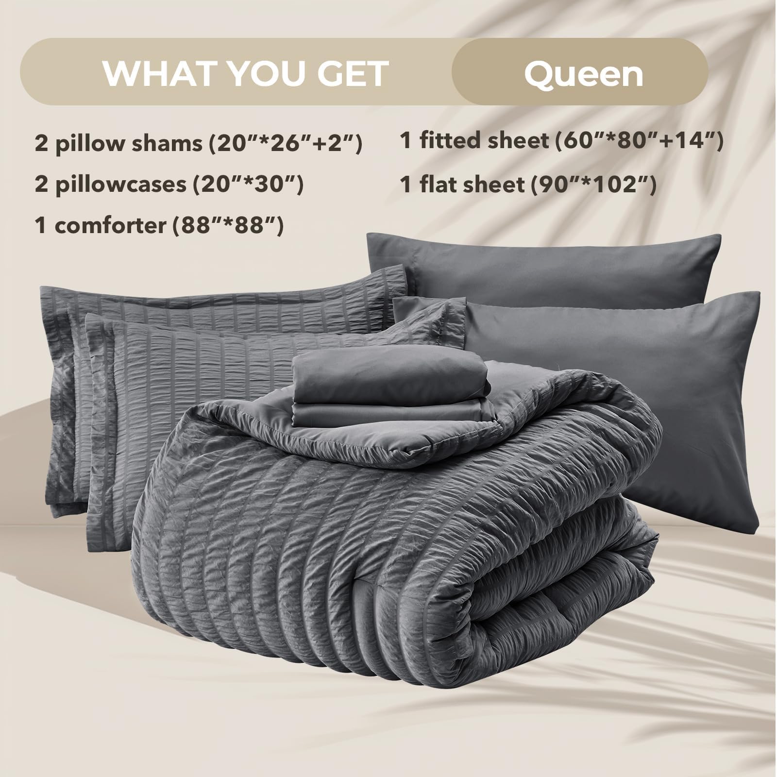 HYMOKEGE Queen Comforter Set Seersucker 7 Pieces, All Season Luxury Bed in a Bag for Bedroom, Bedding Set with Comforters, Sheets, Pillowcases & Shams, Dark Grey - The One Stop Deals