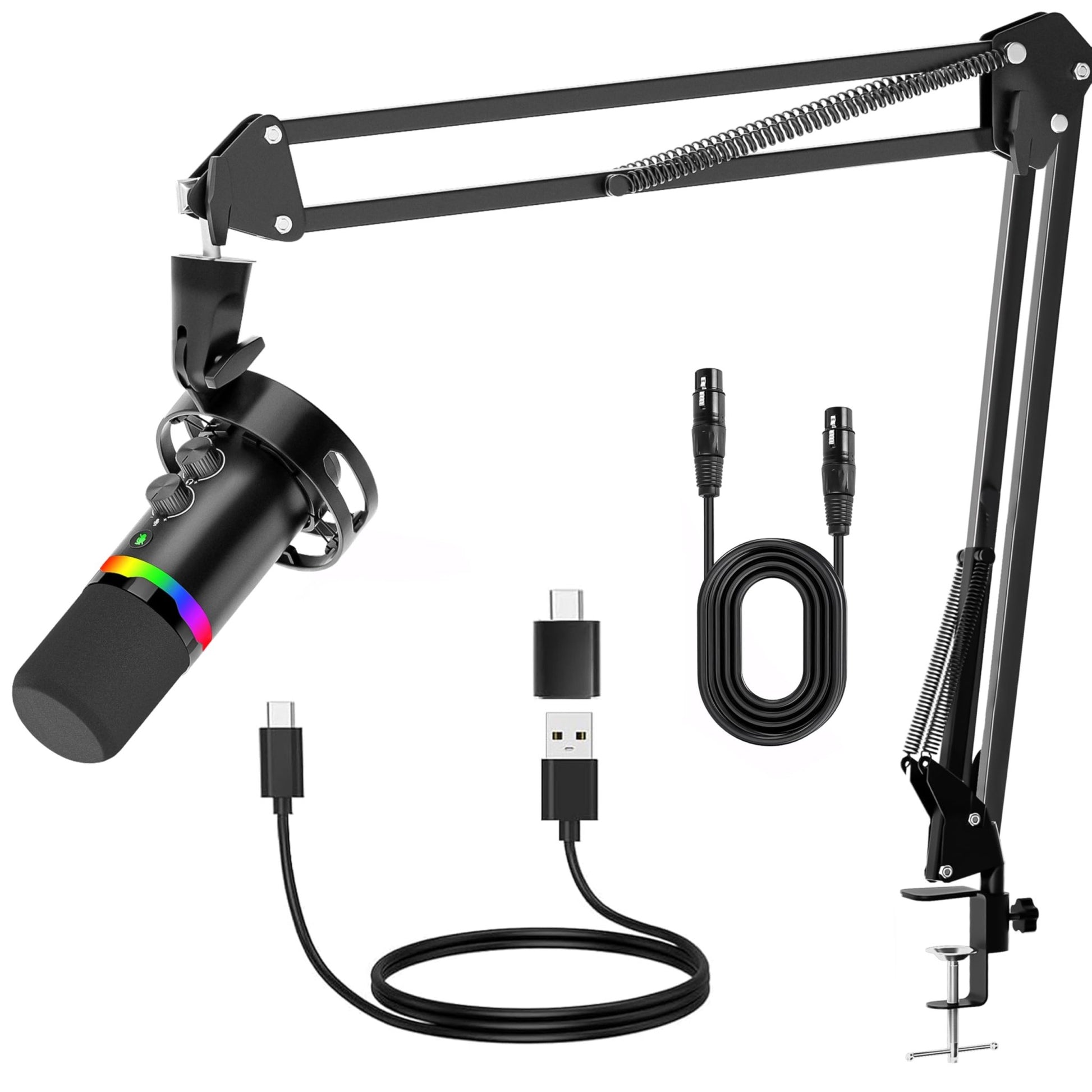 JUOPIEA XLR/USB Gaming Microphone Kit, Dynamic Mic for Podcasting Streaming, PC Microphone with Boom Arm Stand, RGB Light, Mute Button and Headphone Jack, for Recording, Vocal, Voice - Over - The One Stop Deals