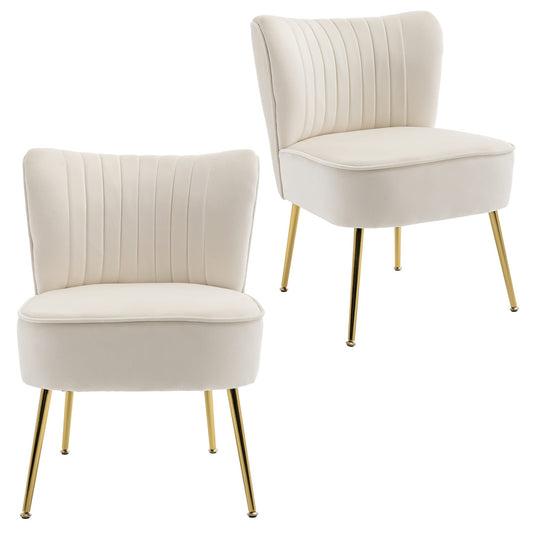 KCC Modern Velvet Upholstered Accent Chair Set of 2,Mid Century Living Room Chairs with Golden Legs,Comfy Armless Chair Wingback Single Sofa Side Chair for Bedroom,Beige - The One Stop Deals