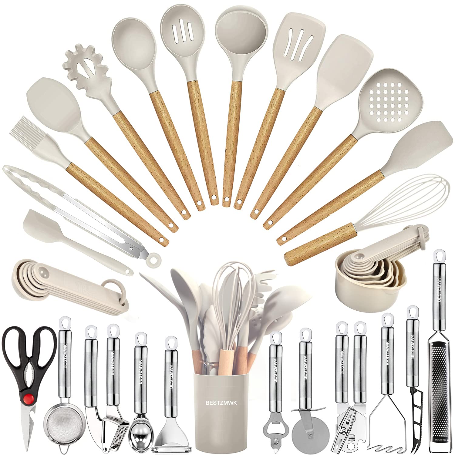 Kitchen Utensils Set - 35 PCs Cooking Utensils with Grater,Tongs, Spoon Spatula &Turner Made of Heat Resistant Food Grade Silicone and Wooden Handles Kitchen Gadgets Tools Set for Nonstick Cookware - The One Stop Deals