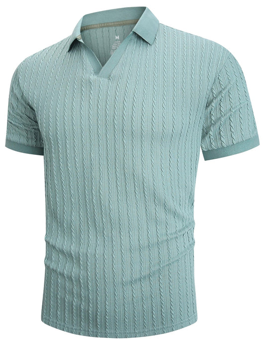 Knit Polo Shirts for Men Casual Stylish Cable Knitted V Neck Buttonless Short Sleeve Sweater Polo Textured Johnny Collar Breathable Stretch Polos Regular Fit Fashion 2025 Trendy Sage Green - The One Stop Deals