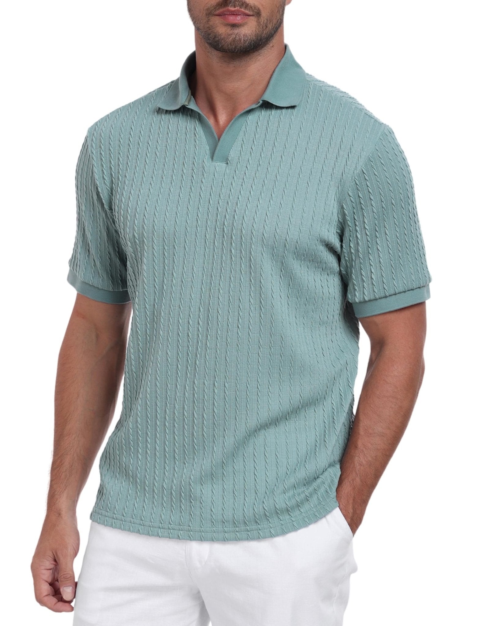 Knit Polo Shirts for Men Casual Stylish Cable Knitted V Neck Buttonless Short Sleeve Sweater Polo Textured Johnny Collar Breathable Stretch Polos Regular Fit Fashion 2025 Trendy Sage Green - The One Stop Deals