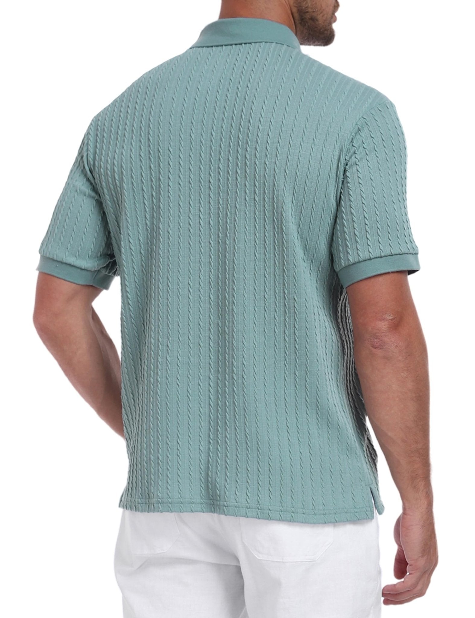 Knit Polo Shirts for Men Casual Stylish Cable Knitted V Neck Buttonless Short Sleeve Sweater Polo Textured Johnny Collar Breathable Stretch Polos Regular Fit Fashion 2025 Trendy Sage Green - The One Stop Deals