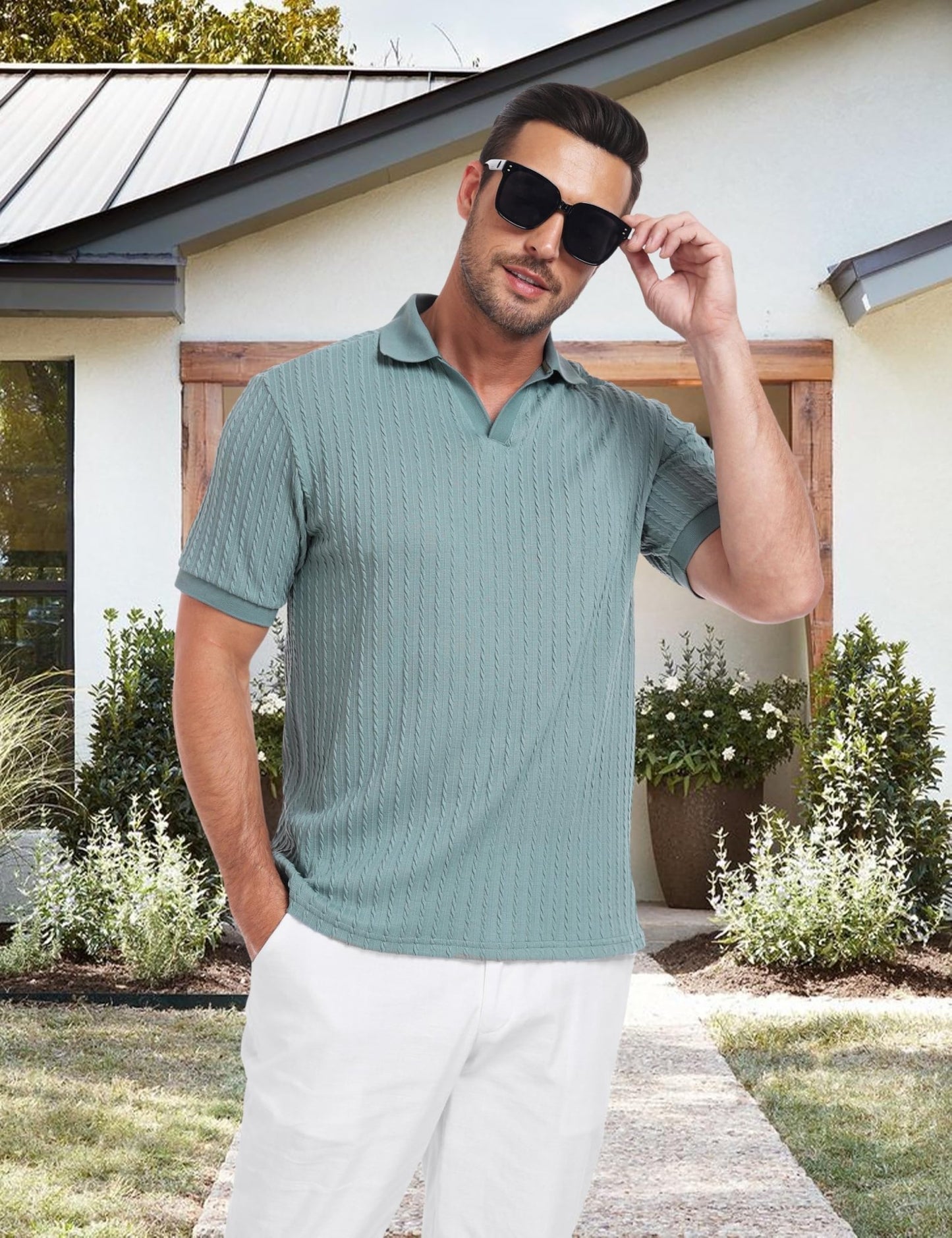 Knit Polo Shirts for Men Casual Stylish Cable Knitted V Neck Buttonless Short Sleeve Sweater Polo Textured Johnny Collar Breathable Stretch Polos Regular Fit Fashion 2025 Trendy Sage Green - The One Stop Deals