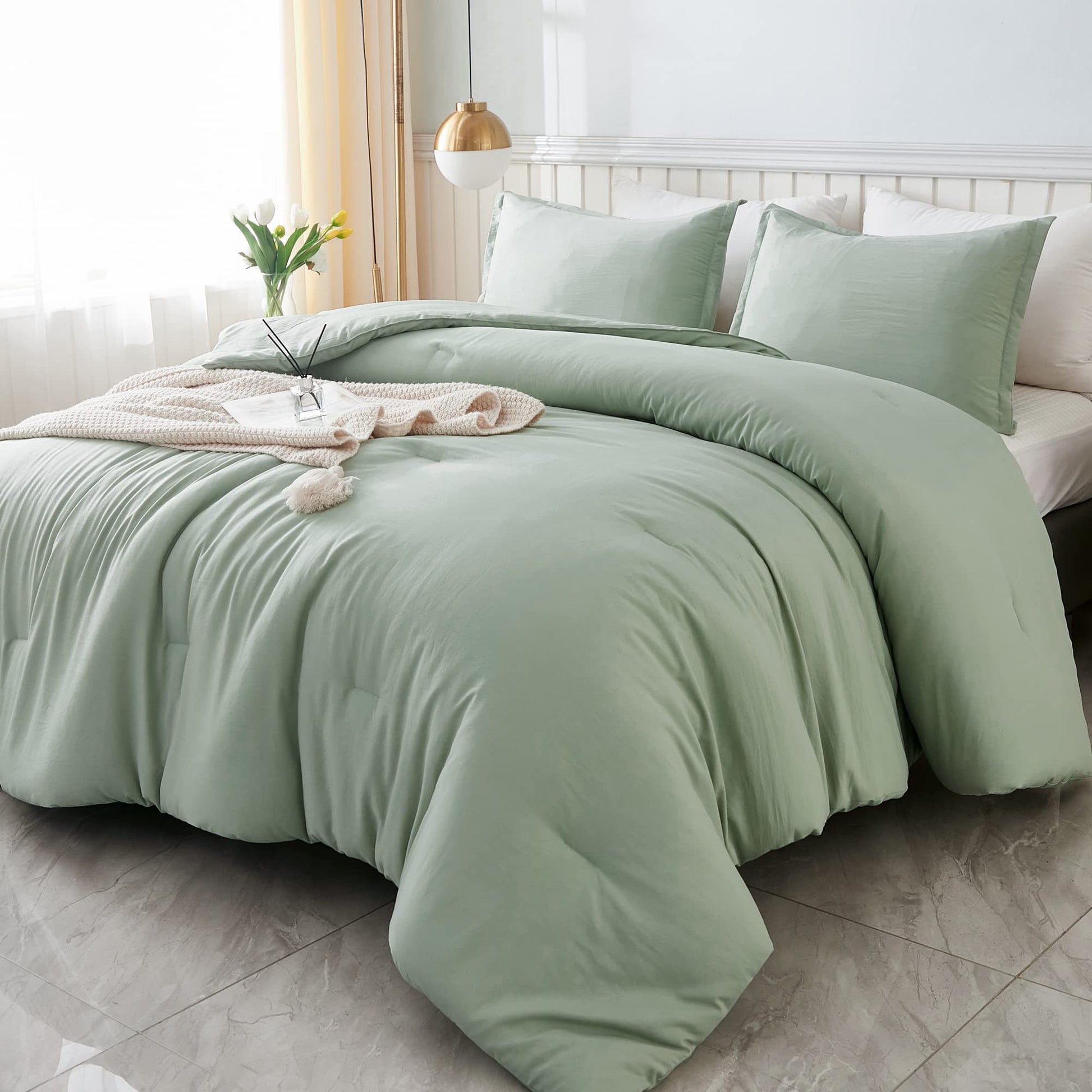 Litanika King Size Comforter Set Sage Green, 3 Pieces Lightweight Solid Comforter King Size, All Season Fluffy Down Alternative Comforter Bed Set Quilt Blanket - The One Stop Deals