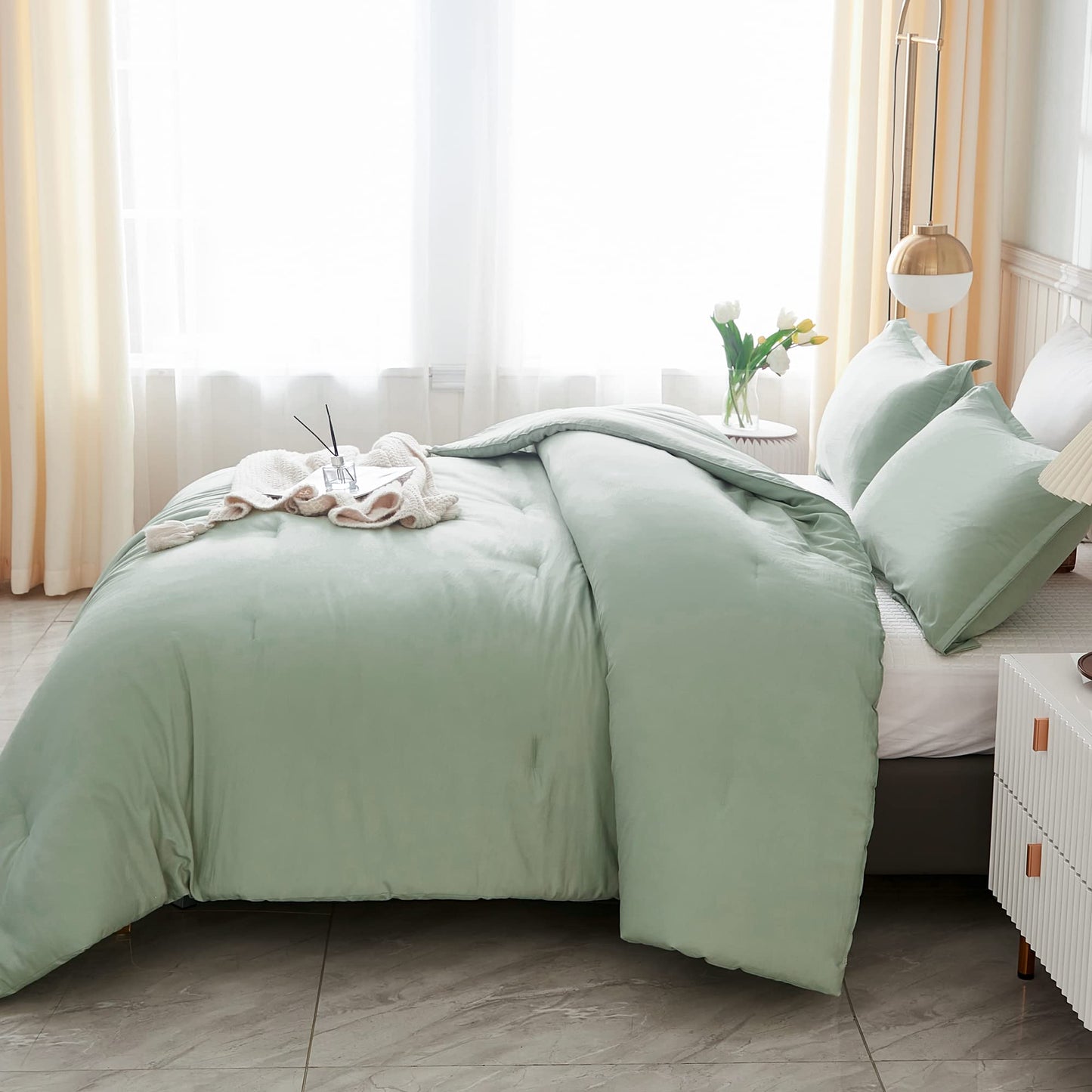 Litanika King Size Comforter Set Sage Green, 3 Pieces Lightweight Solid Comforter King Size, All Season Fluffy Down Alternative Comforter Bed Set Quilt Blanket - The One Stop Deals