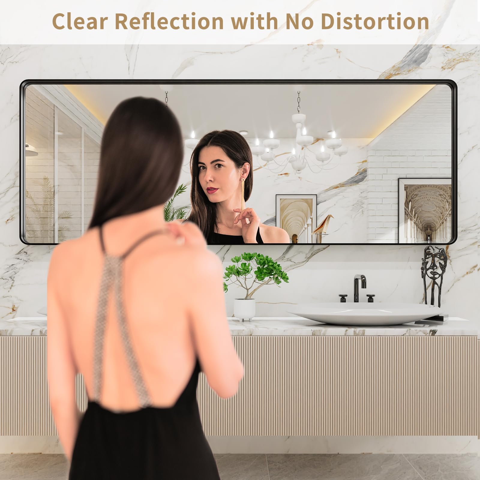 LOAAO 84x32 Inch Black Metal Framed Bathroom Mirror for Wall, Matte Black Bathroom Vanity Mirror Farmhouse, Large Rounded Rectangle Mirror, Anti - Rust, Tempered Glass, Hangs Horizontally or Vertically - The One Stop Deals