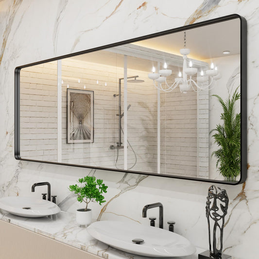 LOAAO 84x32 Inch Black Metal Framed Bathroom Mirror for Wall, Matte Black Bathroom Vanity Mirror Farmhouse, Large Rounded Rectangle Mirror, Anti - Rust, Tempered Glass, Hangs Horizontally or Vertically - The One Stop Deals