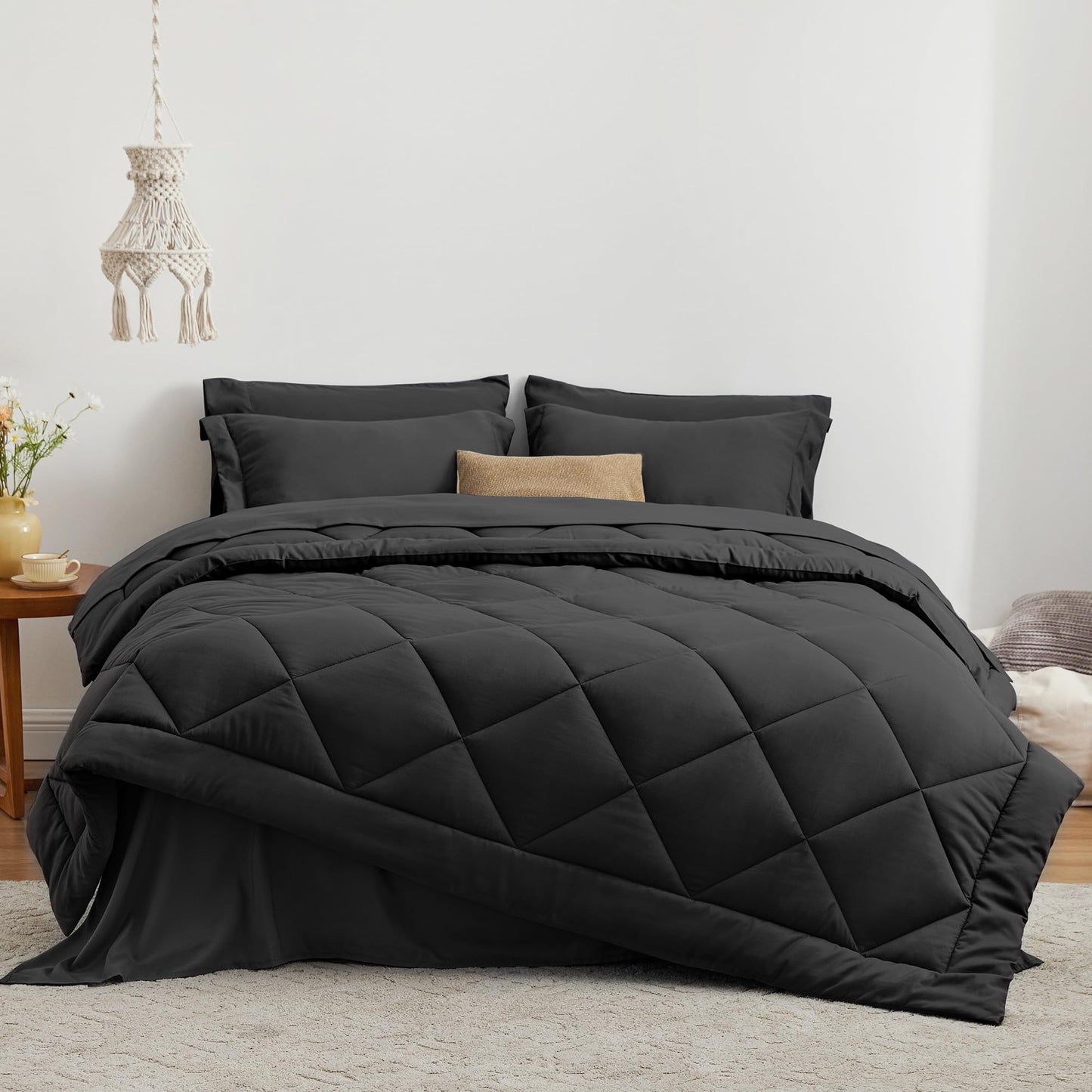 Love's Cabin King Size Comforter Set - Black, 7 - Piece King Bed in a Bag, All Season Bedding Set with 1 Comforter, 1 Flat Sheet, 1 Fitted Sheet, 2 Pillowcases and 2 Pillow Shams - The One Stop Deals