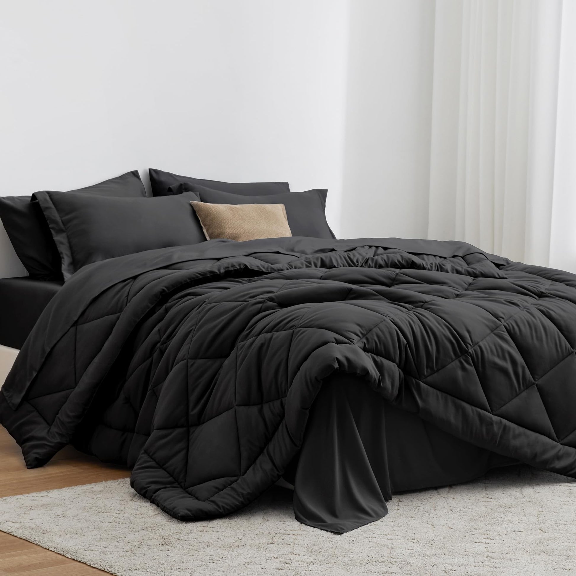 Love's Cabin King Size Comforter Set - Black, 7 - Piece King Bed in a Bag, All Season Bedding Set with 1 Comforter, 1 Flat Sheet, 1 Fitted Sheet, 2 Pillowcases and 2 Pillow Shams - The One Stop Deals