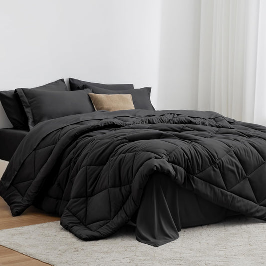 Love's Cabin King Size Comforter Set - Black, 7 - Piece King Bed in a Bag, All Season Bedding Set with 1 Comforter, 1 Flat Sheet, 1 Fitted Sheet, 2 Pillowcases and 2 Pillow Shams - The One Stop Deals