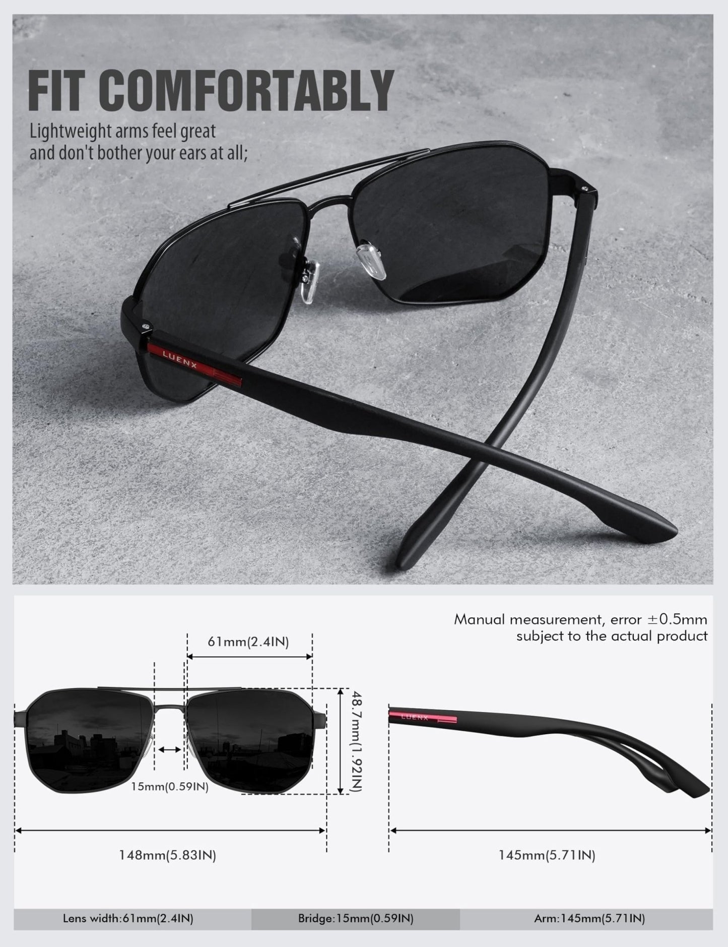 LUENX Aviator Sunglasses for Men Square Polarized Polygon Black Lens Matte Black Frame - UV 400 Protection with Accessories - The One Stop Deals