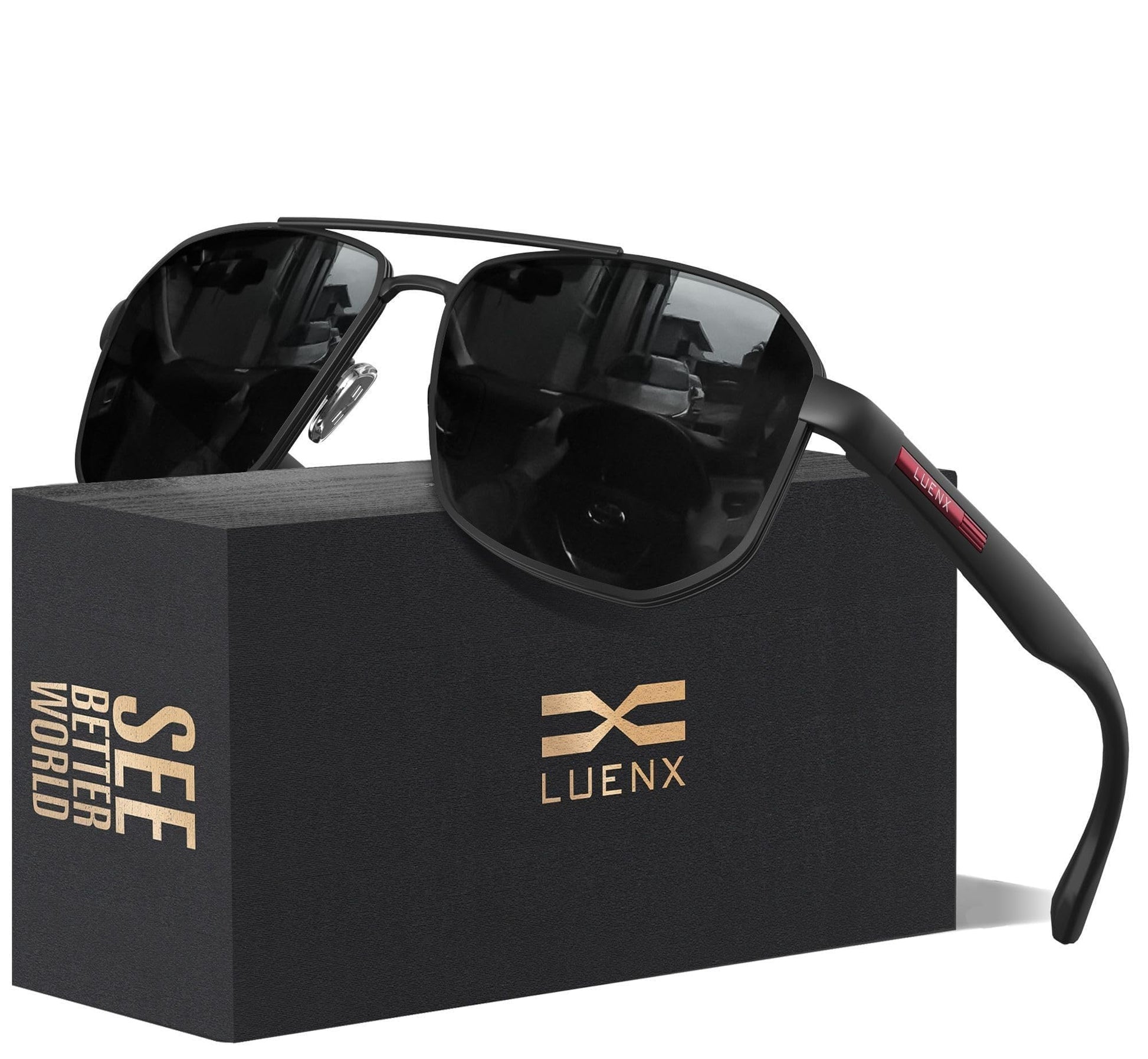 LUENX Aviator Sunglasses for Men Square Polarized Polygon Black Lens Matte Black Frame - UV 400 Protection with Accessories - The One Stop Deals