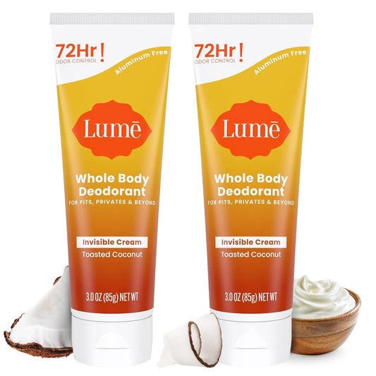 Lume Whole Body Deodorant - Invisible Cream Tube - 72 Hour Odor Control - Aluminum Free, Baking Soda Free, Skin Safe - 3.0 ounce (Pack of 2) (Toasted Coconut) - The One Stop Deals