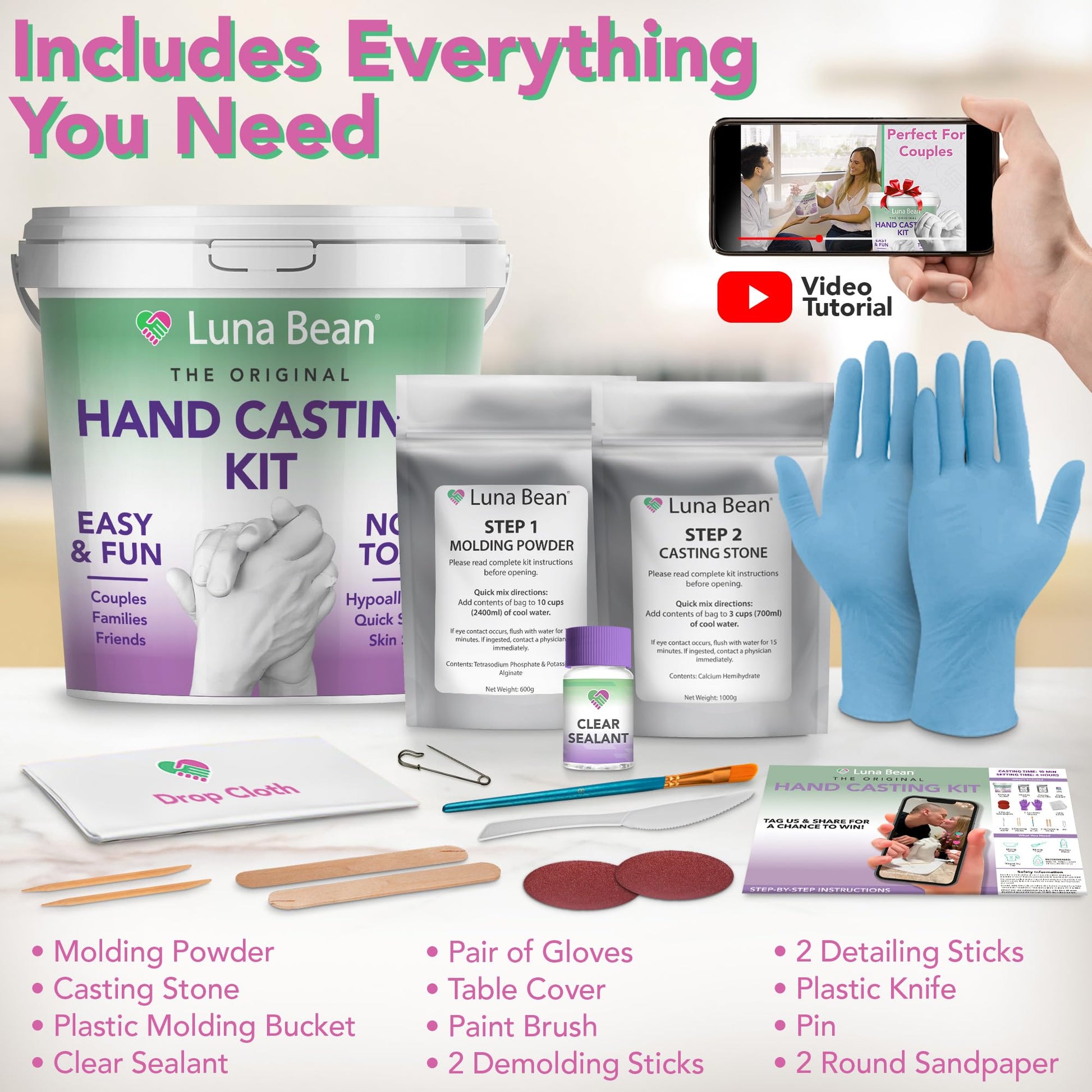 Luna Bean Hand Casting Kit – Gifts for Women and Men, Wedding Gifts, Couple Anniversary and Bridal Shower Hand Molding Kit - Crafts for Adults Parents Kids Mom Dad Mother Father - The One Stop Deals