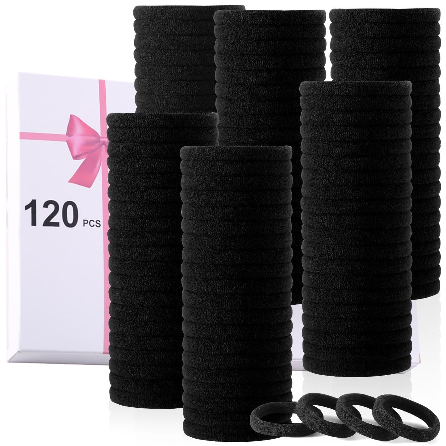 LuSeren 120 Pcs No Damage Hair Ties for Thick Hair, Large Soft Seamless Nylon Hair Elastics for Women, Ponytail Holders, Hair Accessories –Black - The One Stop Deals