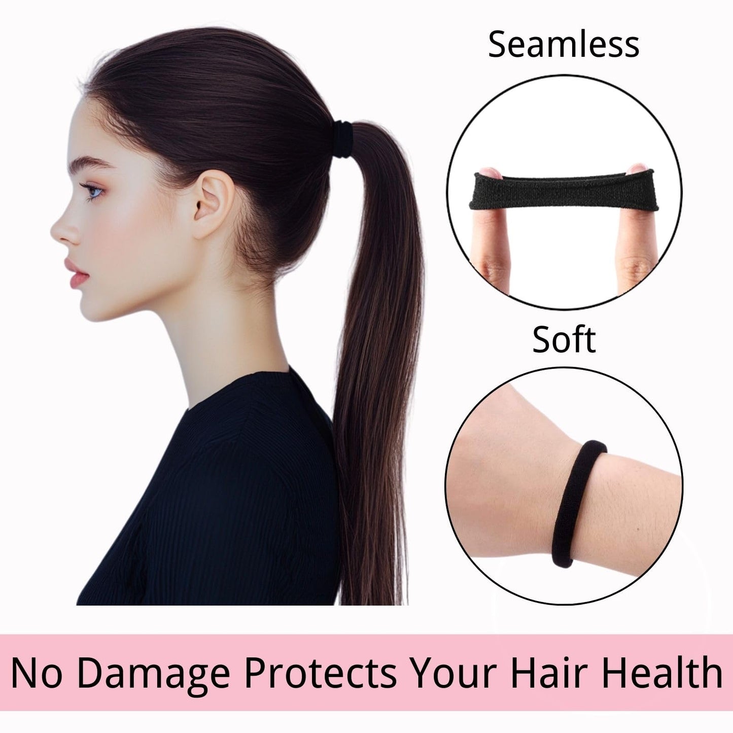 LuSeren 120 Pcs No Damage Hair Ties for Thick Hair, Large Soft Seamless Nylon Hair Elastics for Women, Ponytail Holders, Hair Accessories –Black - The One Stop Deals