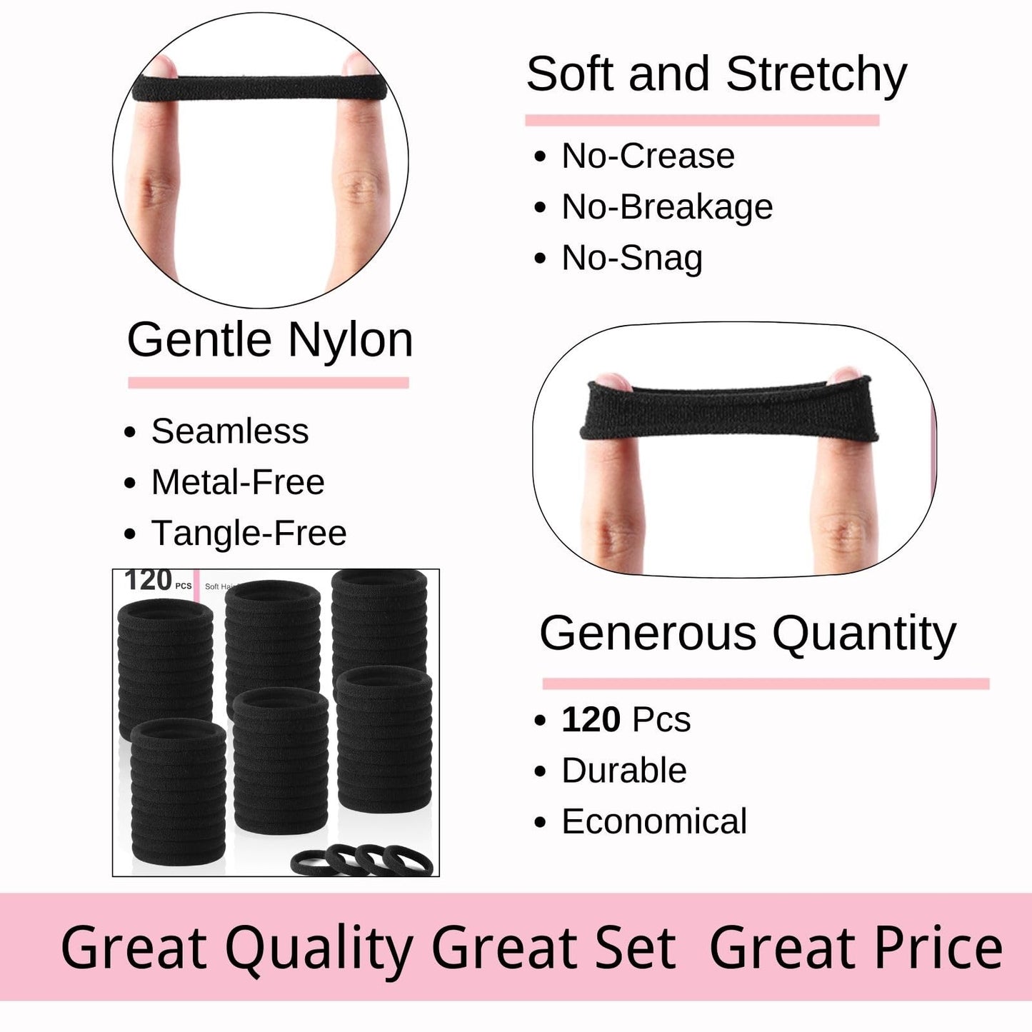 LuSeren 120 Pcs No Damage Hair Ties for Thick Hair, Large Soft Seamless Nylon Hair Elastics for Women, Ponytail Holders, Hair Accessories –Black - The One Stop Deals