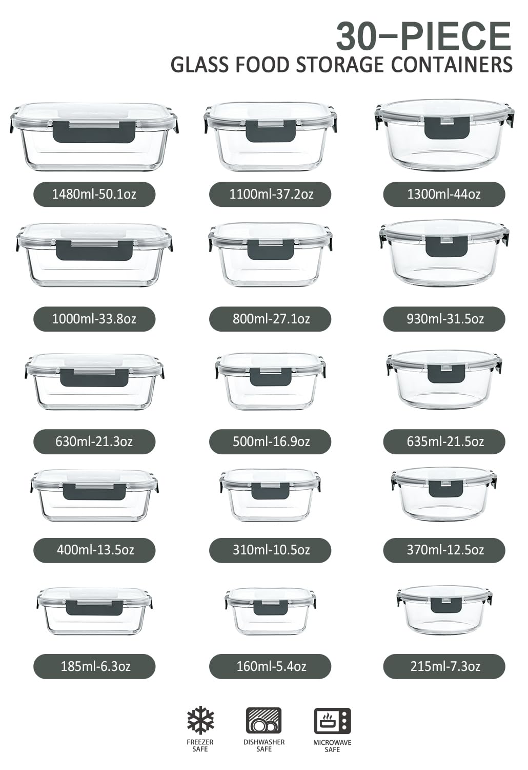 M MCIRCO 30 Pieces Glass Food Storage Containers with Snap Locking Lids,Glass Meal Prep Containers Set - Airtight Lunch Containers, Microwave, Oven, Freezer and Dishwasher - The One Stop Deals