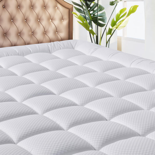 MATBEBY Bedding Quilted Fitted Queen Mattress Pad Cooling Breathable Fluffy Soft Mattress Pad Stretches up to 21 Inch Deep, Queen Size, White, Mattress Topper Mattress Protector - The One Stop Deals