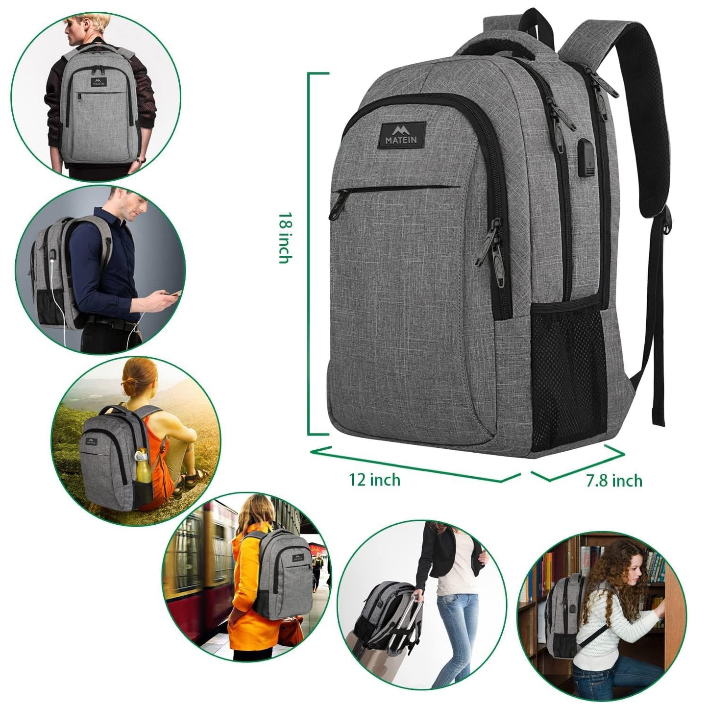 MATEIN Travel Laptop Backpack, Business Anti Theft Slim Sturdy Laptops Backpack with USB Charging Port, Water Resistant College School Computer Bag Gift for Men & Women Fits 15.6 Inch Notebook, Grey - The One Stop Deals