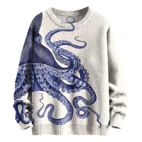 Mens Giant Octopus 3D Graphic Printed Sweaters Long Sleeve Crewneck Loose Fall Sweater Stylish Pullover Tops Sweaters for Women Fall Sweaters Mens Sweater 2025 Trendy Beige - The One Stop Deals