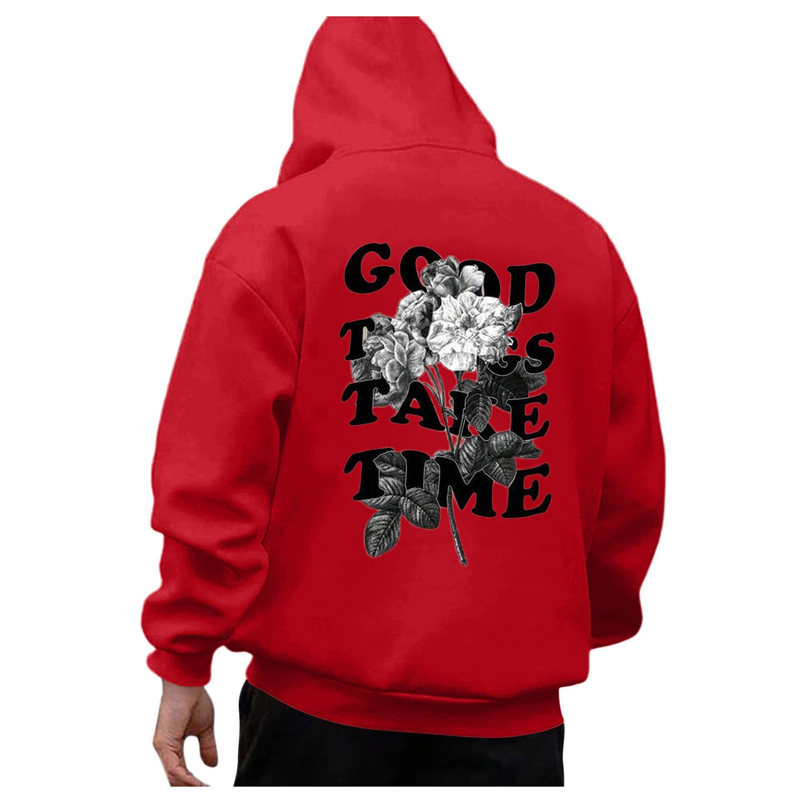 Mens Graphic Hoodies Good Things Take Time Letter Print Pullover Fleece Lined Long Sleeve Casual Tops Sweatshirts with Pocket Spring Outfits Men (Z0103b - Red,M) - The One Stop Deals