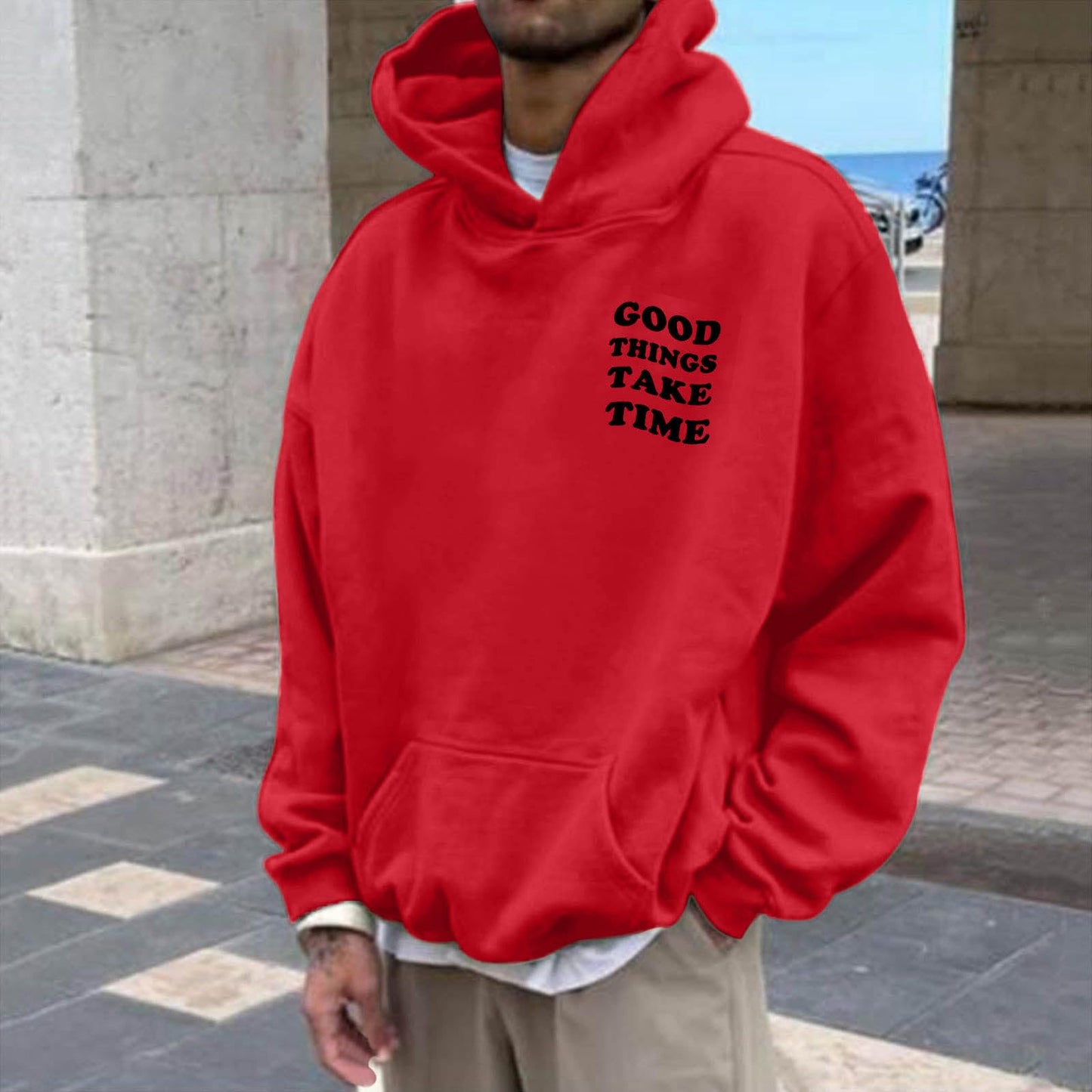 Mens Graphic Hoodies Good Things Take Time Letter Print Pullover Fleece Lined Long Sleeve Casual Tops Sweatshirts with Pocket Spring Outfits Men (Z0103b - Red,M) - The One Stop Deals