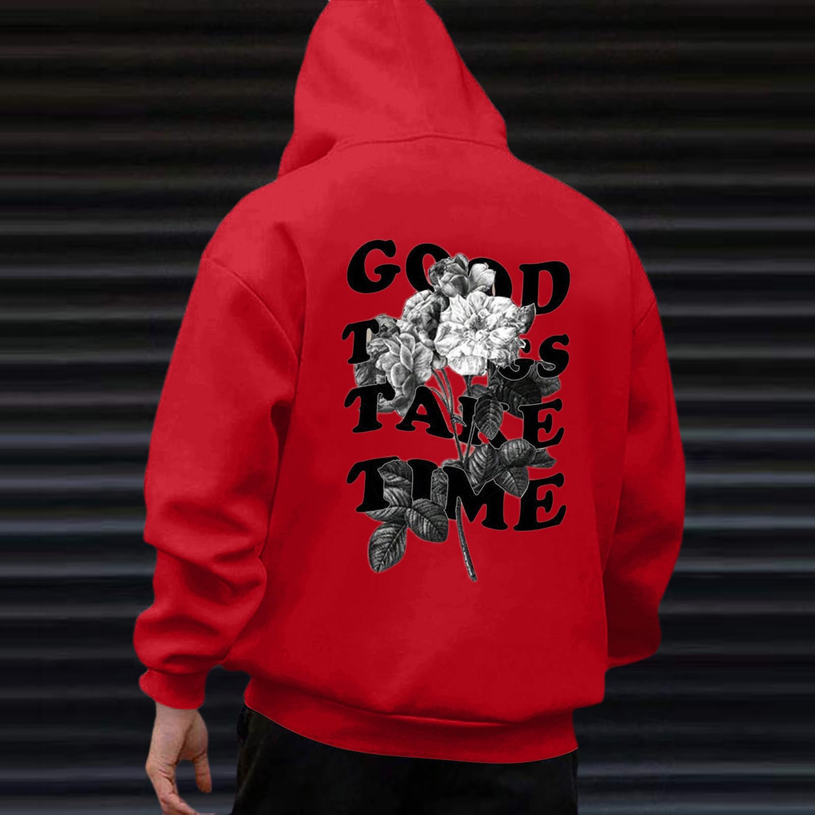 Mens Graphic Hoodies Good Things Take Time Letter Print Pullover Fleece Lined Long Sleeve Casual Tops Sweatshirts with Pocket Spring Outfits Men (Z0103b - Red,M) - The One Stop Deals