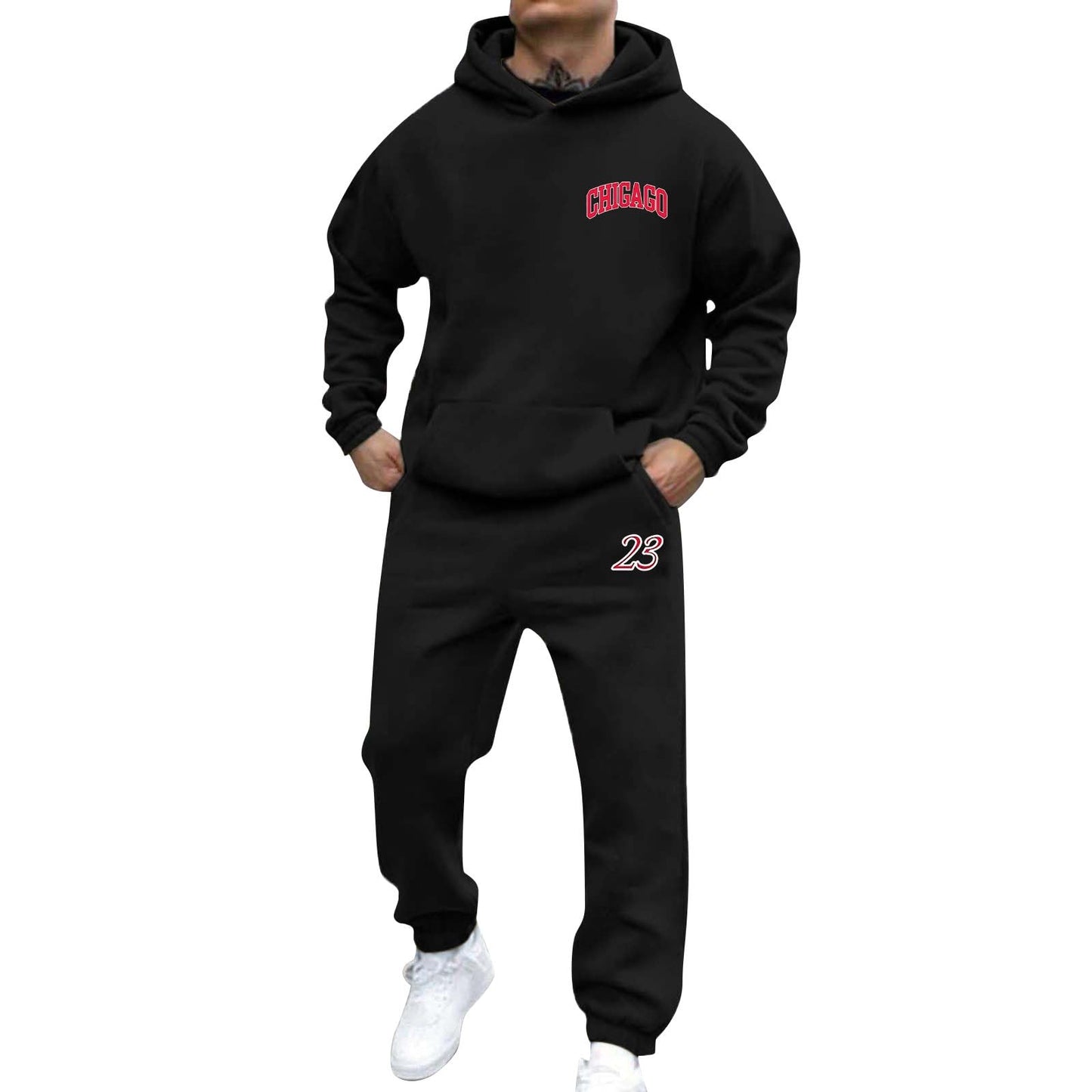 Mens Track Suits 2 Piece Set Chicago Letter Printed Hooded Sweatshirt Joggers Sweatsuits Trendy 2025 Casual Outfit Black - The One Stop Deals