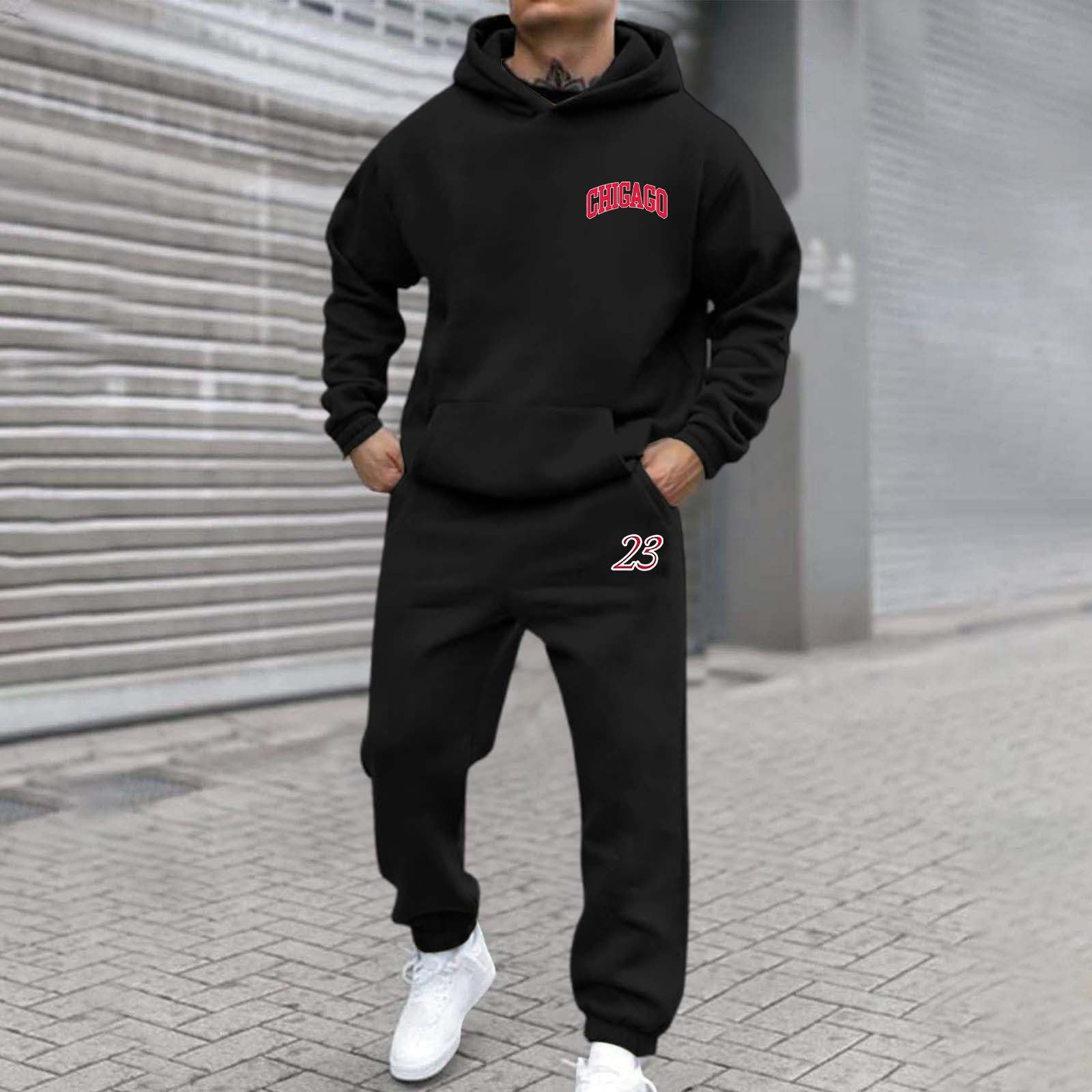 Mens Track Suits 2 Piece Set Chicago Letter Printed Hooded Sweatshirt Joggers Sweatsuits Trendy 2025 Casual Outfit Black - The One Stop Deals