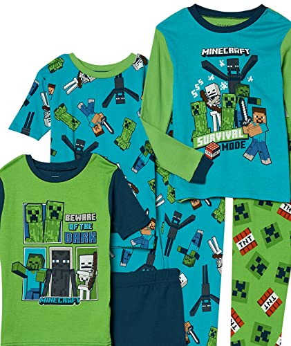 Minecraft Boys' 6 - Piece Snug - fit Cotton Pajama Set, Soft & Cute for Kids, Blue, 10 - The One Stop Deals