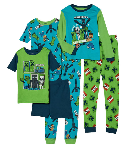 Minecraft Boys' 6 - Piece Snug - fit Cotton Pajama Set, Soft & Cute for Kids, Blue, 10 - The One Stop Deals