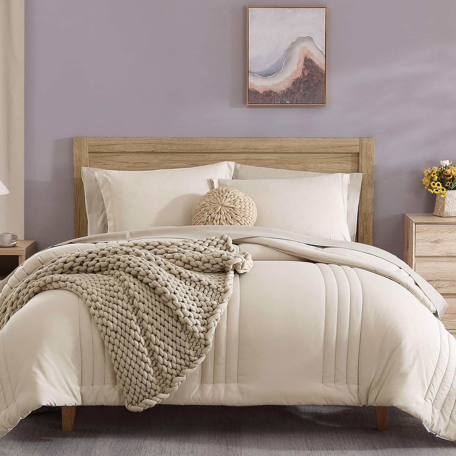 Monbix Queen Comforter Set - 7 Pieces Apricot Beige Bed in a Bag Queen Bedding Sets with Comforters, All Seasons Down Alternative Comforter Bed Set with Sheets,Pillowcases & Shams - The One Stop Deals