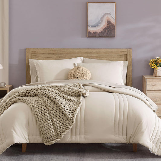 Monbix Queen Comforter Set - 7 Pieces Apricot Beige Bed in a Bag Queen Bedding Sets with Comforters, All Seasons Down Alternative Comforter Bed Set with Sheets,Pillowcases & Shams - The One Stop Deals