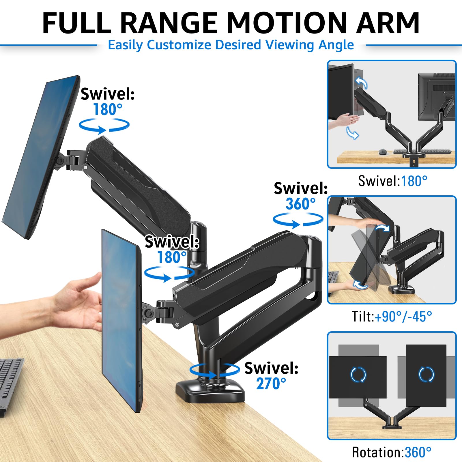 MOUNTUP Dual Monitor Stand for Desk, Adjustable Gas Spring Double Monitor Mount Holds 4.4 - 17.6 lbs and 13 - 32 Inch Screens, Monitor Arms for 2 Monitors, VESA 75x75 100x100 with C - clamp& Grommet, Black - The One Stop Deals