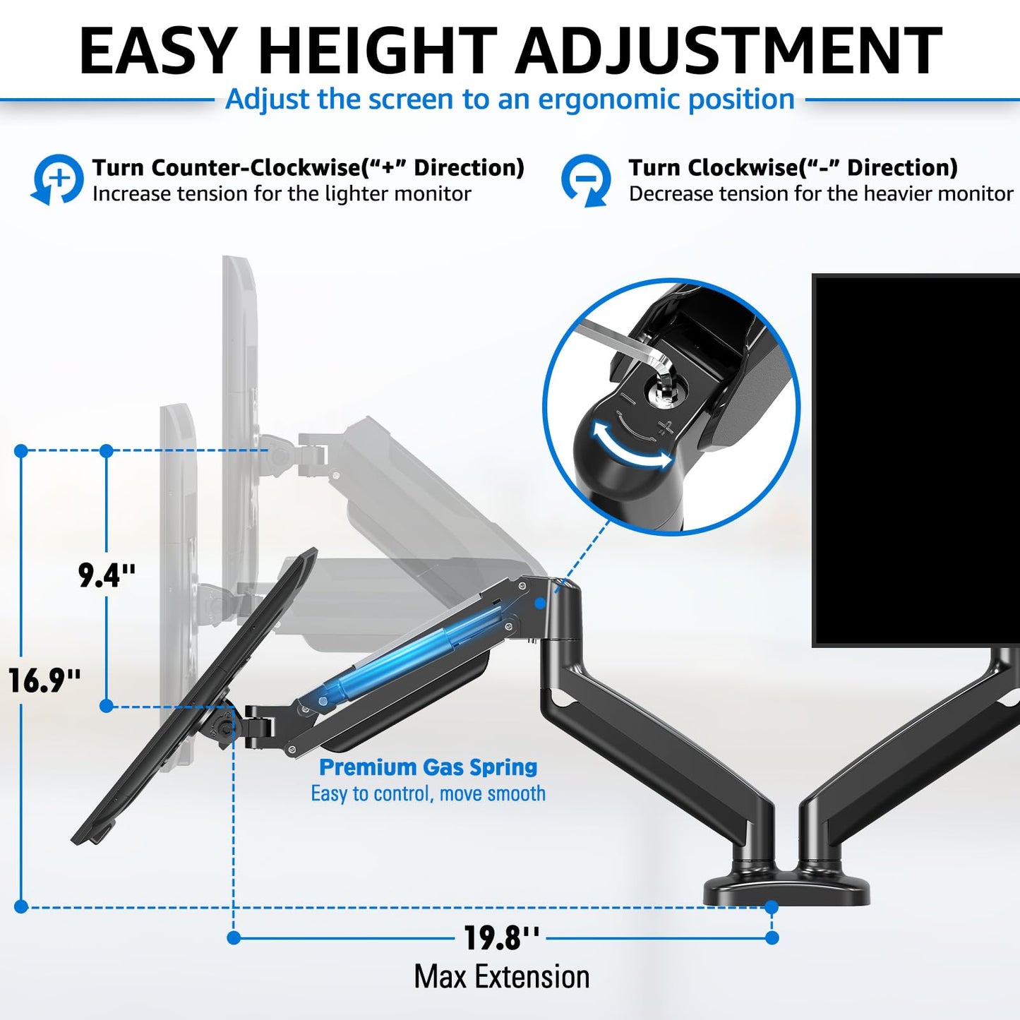 MOUNTUP Dual Monitor Stand for Desk, Adjustable Gas Spring Double Monitor Mount Holds 4.4 - 17.6 lbs and 13 - 32 Inch Screens, Monitor Arms for 2 Monitors, VESA 75x75 100x100 with C - clamp& Grommet, Black - The One Stop Deals