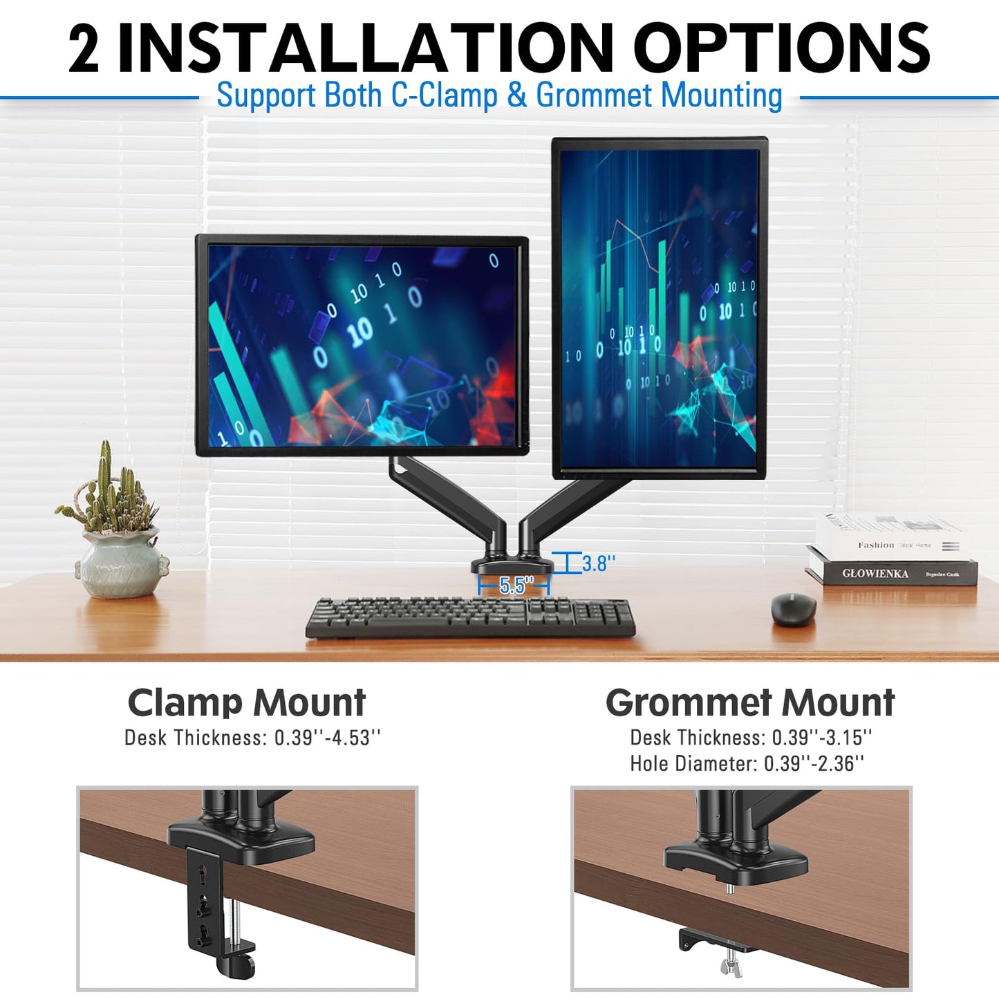 MOUNTUP Dual Monitor Stand for Desk, Adjustable Gas Spring Double Monitor Mount Holds 4.4 - 17.6 lbs and 13 - 32 Inch Screens, Monitor Arms for 2 Monitors, VESA 75x75 100x100 with C - clamp& Grommet, Black - The One Stop Deals