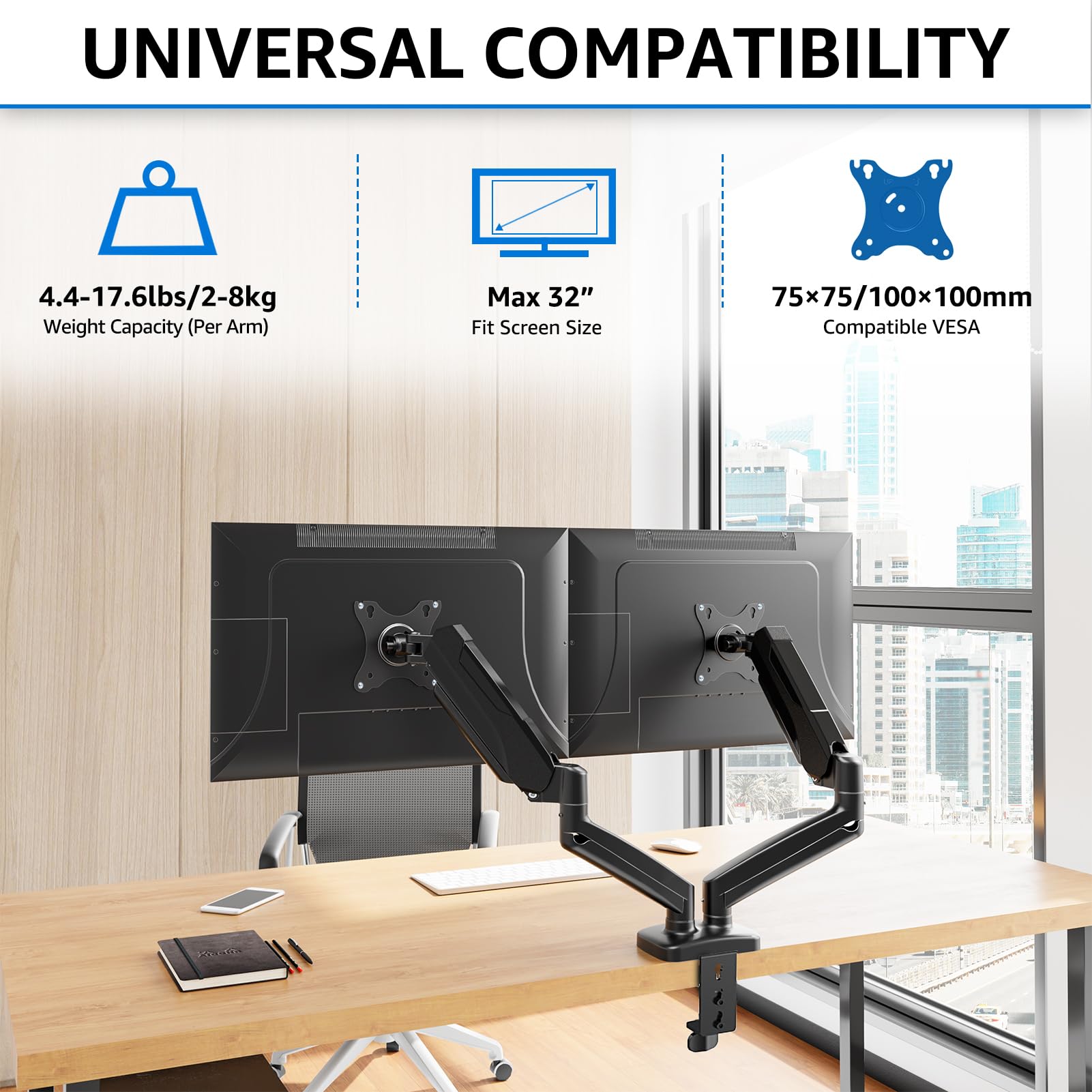 MOUNTUP Dual Monitor Stand for Desk, Adjustable Gas Spring Double Monitor Mount Holds 4.4 - 17.6 lbs and 13 - 32 Inch Screens, Monitor Arms for 2 Monitors, VESA 75x75 100x100 with C - clamp& Grommet, Black - The One Stop Deals