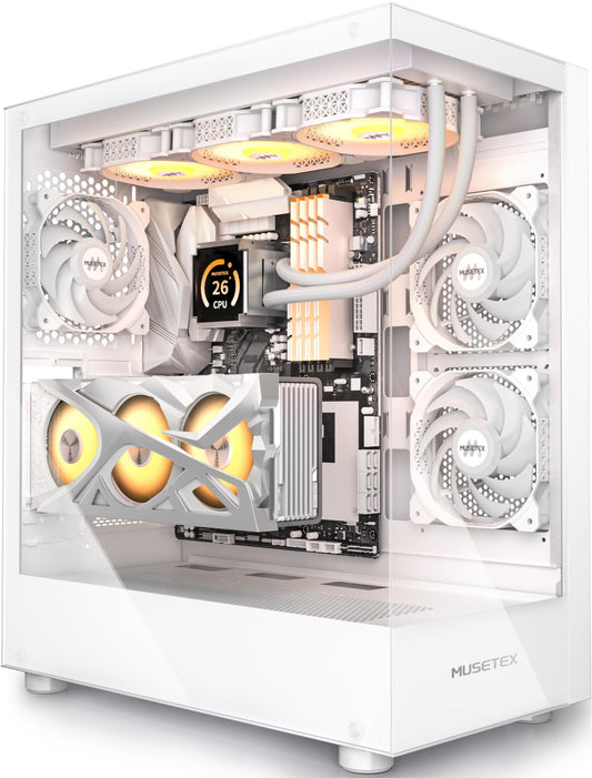 MUSETEX PC CASE ATX 3 Non - LED Fans Pre - Installed, Type - C Mid Tower Computer Case with Full View Dual Tempered Glass, Gaming PC Case,White(K2) - The One Stop Deals