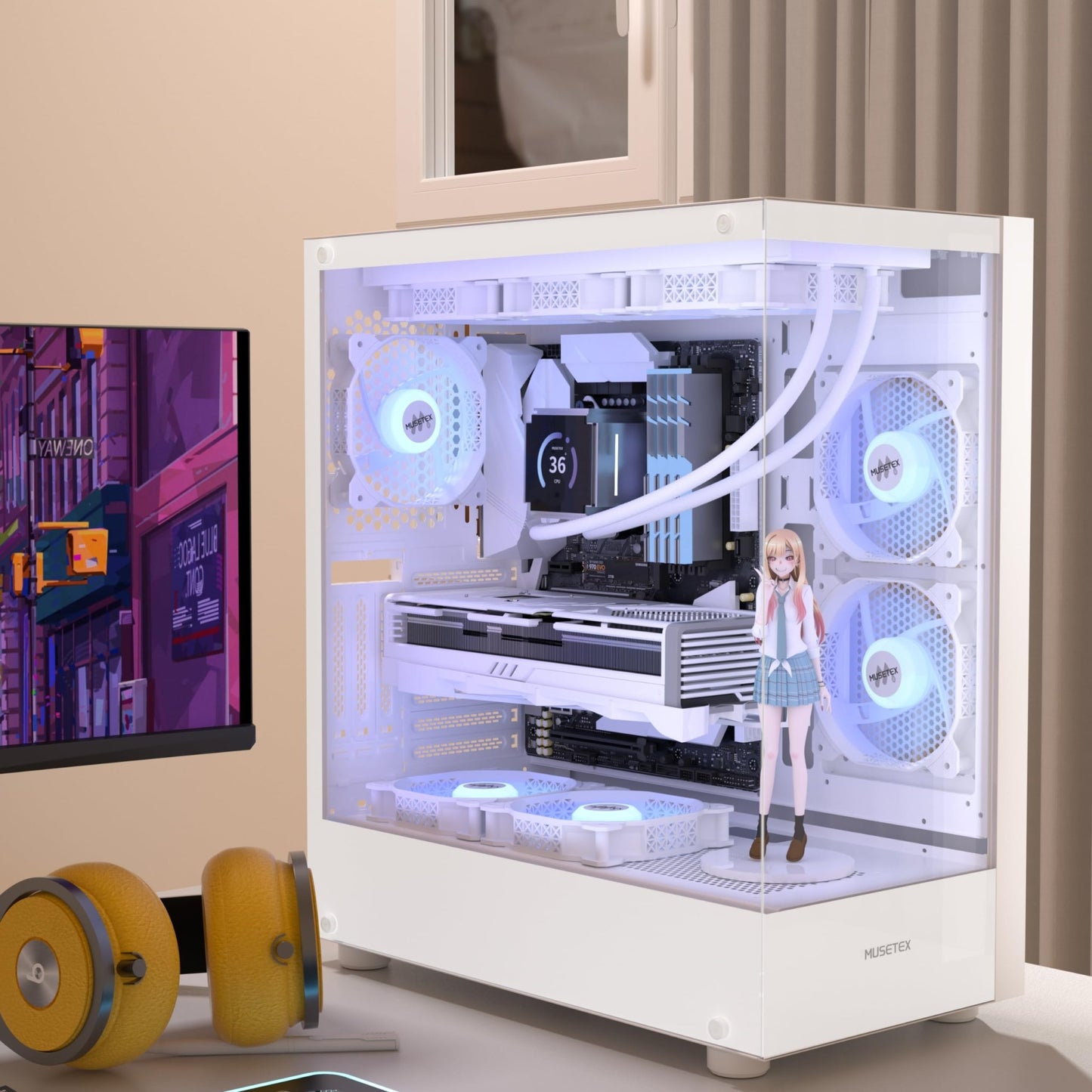 MUSETEX PC CASE ATX 3 Non - LED Fans Pre - Installed, Type - C Mid Tower Computer Case with Full View Dual Tempered Glass, Gaming PC Case,White(K2) - The One Stop Deals