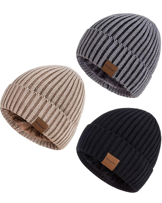 Nertpow Men's 3 - Pack Thermal Fleece Lined Knit Beanie Hats for Winter - The One Stop Deals