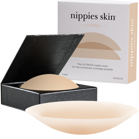 Nippies Nipple Cover - Sticky Adhesive Silicone Nipple Pasties - Reusable Pasty Nipple Covers for Women with Travel Box (Small (Fits A - C Cups), Original, Crème) - The One Stop Deals