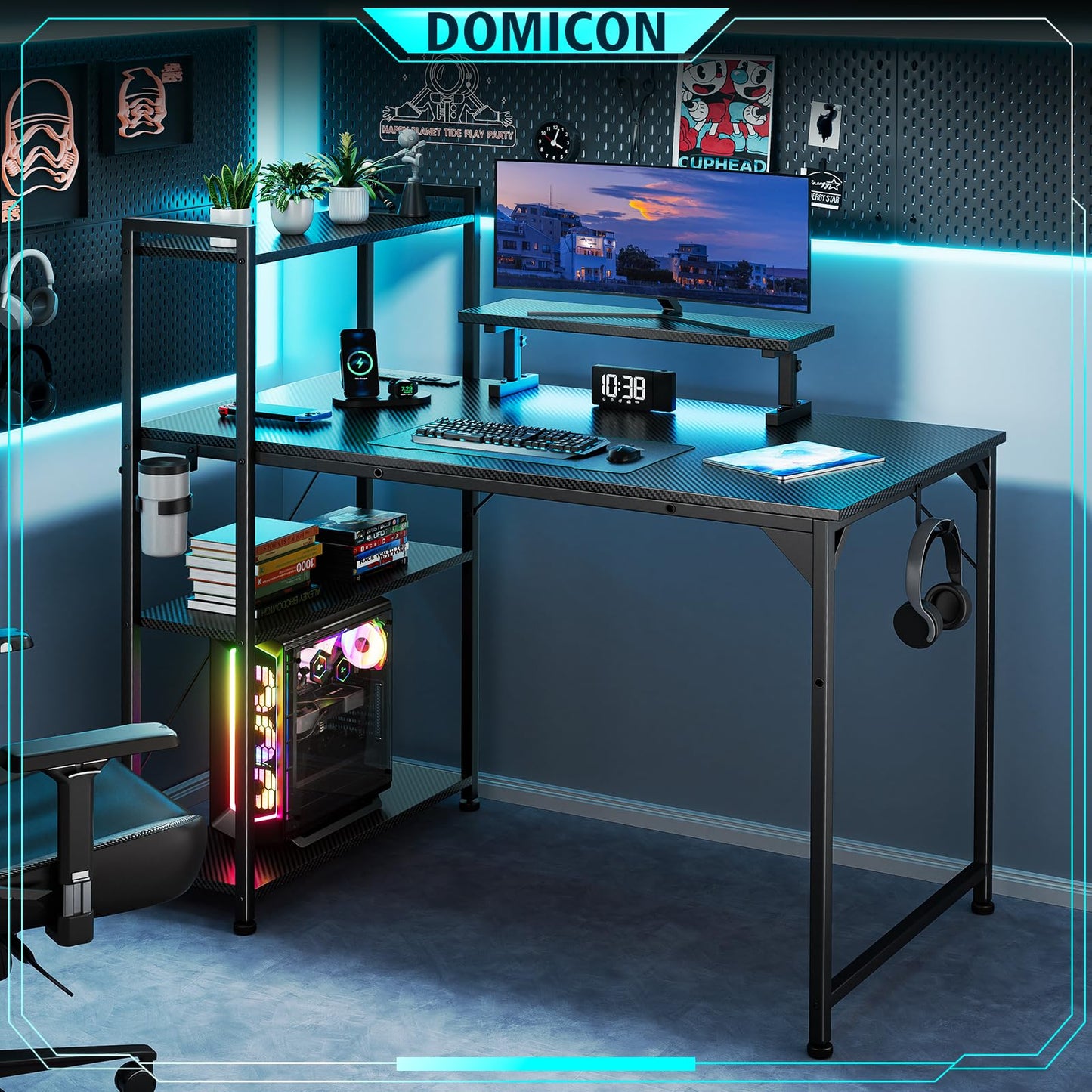 OMICON Computer Desk with LED Light, 42 - 55 Inch Gaming Desk with Reversible Storage Shelves, Office Desk with Power Outlets Corner Desk for Home Office, Small Space Desk Black Carbon Fiber (42) - The One Stop Deals