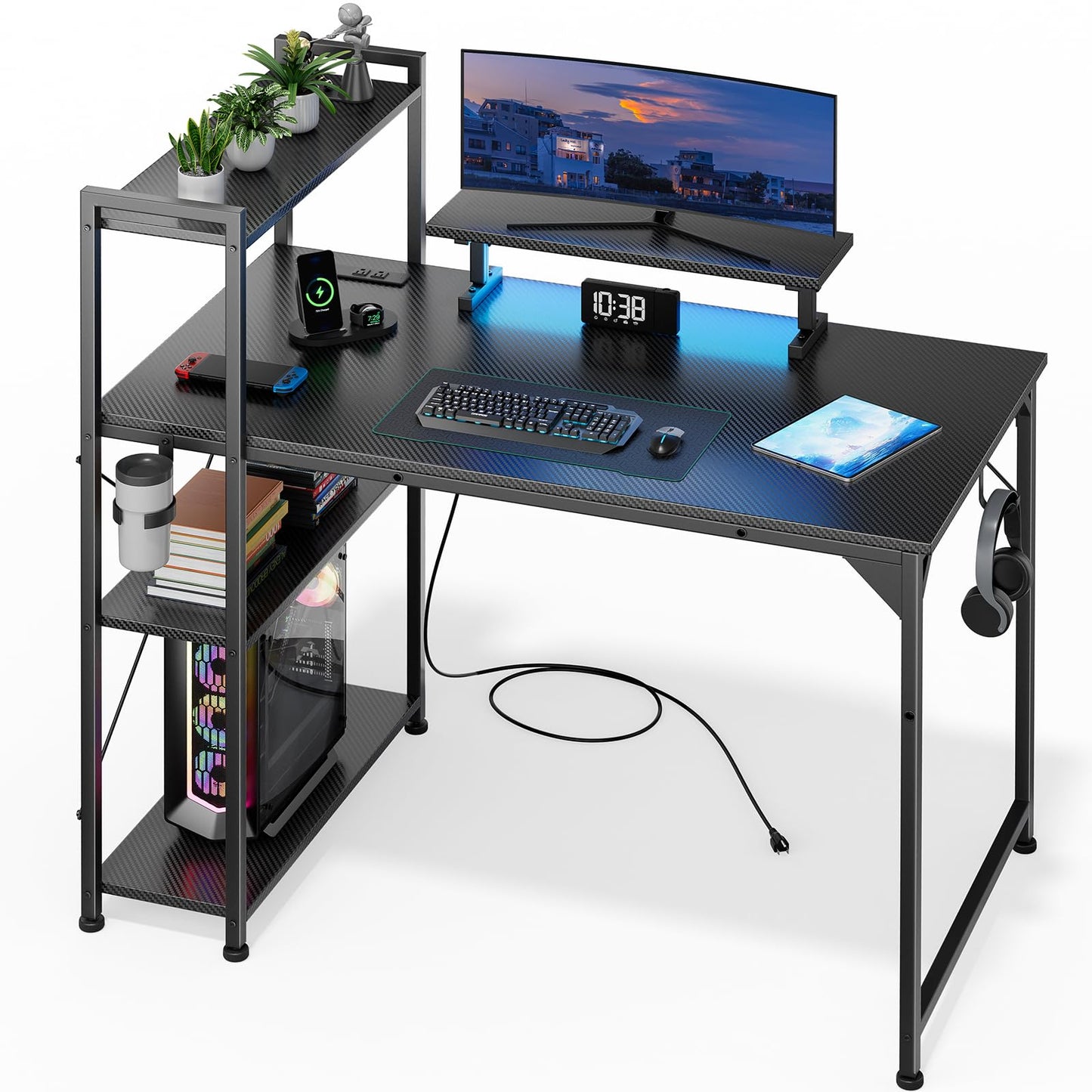 OMICON Computer Desk with LED Light, 42 - 55 Inch Gaming Desk with Reversible Storage Shelves, Office Desk with Power Outlets Corner Desk for Home Office, Small Space Desk Black Carbon Fiber (42) - The One Stop Deals