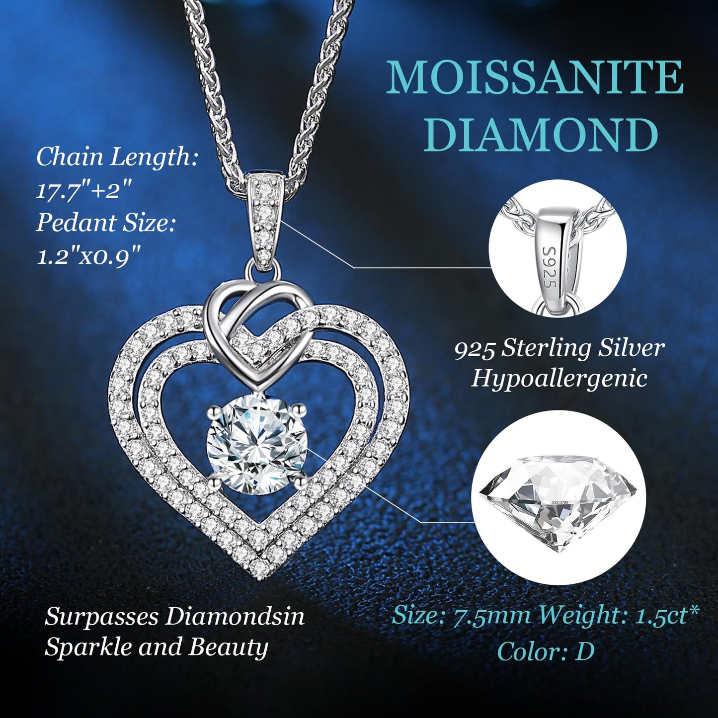 OOBEE Sparkling Love Heart Moissanite Necklaces for Women, D Color VVS Moissanite Diamond 925 Sterling Silver Fine Jewelry, Ideal Birthday Anniversary Christmas Gift for Women Wife Mom Girlfriend - The One Stop Deals