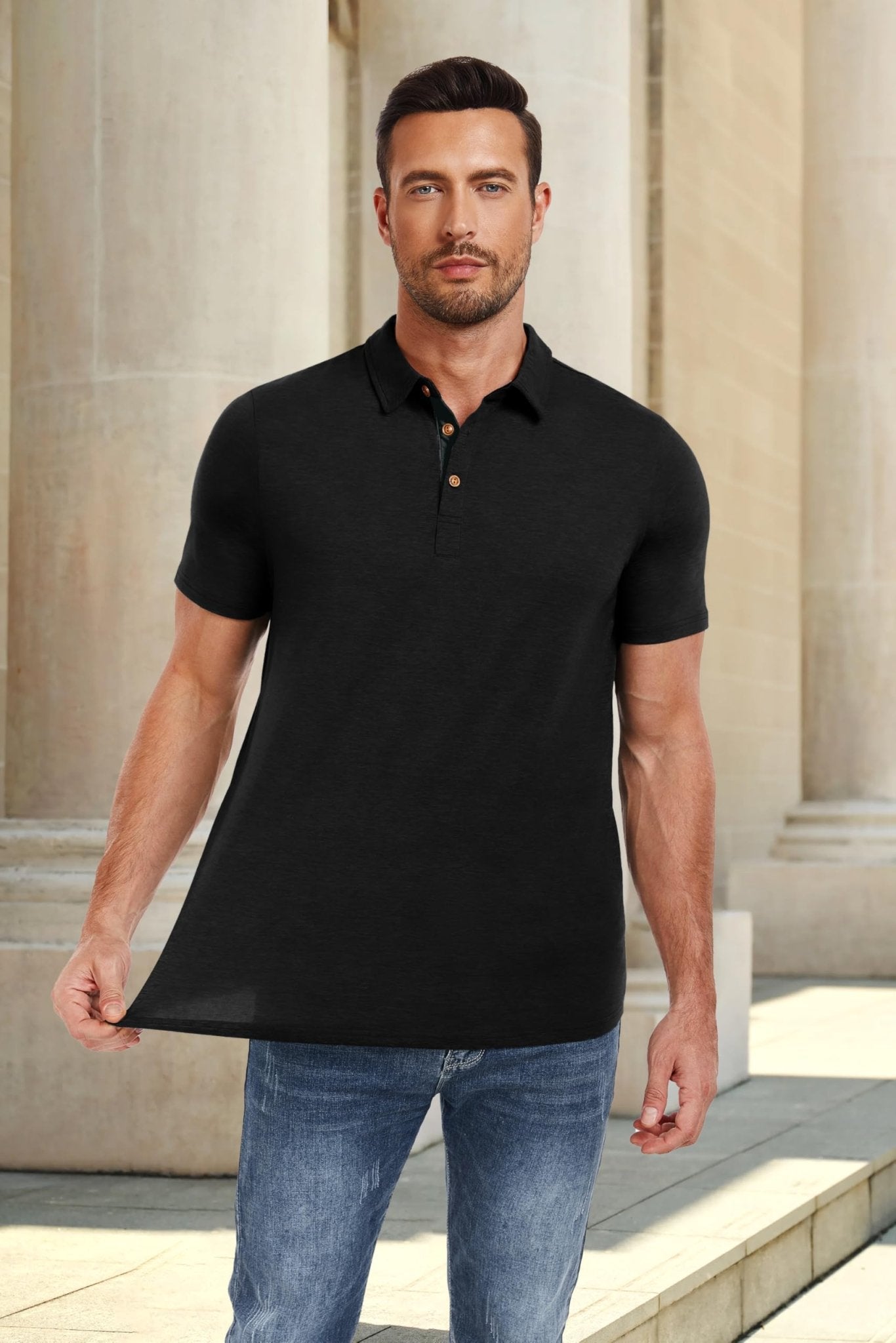 PEGENO Mens Polo Short Sleeve Shirt Designed Collared Polo Shirt Fashion Casual Shirts (Black - US Mideum) - The One Stop Deals