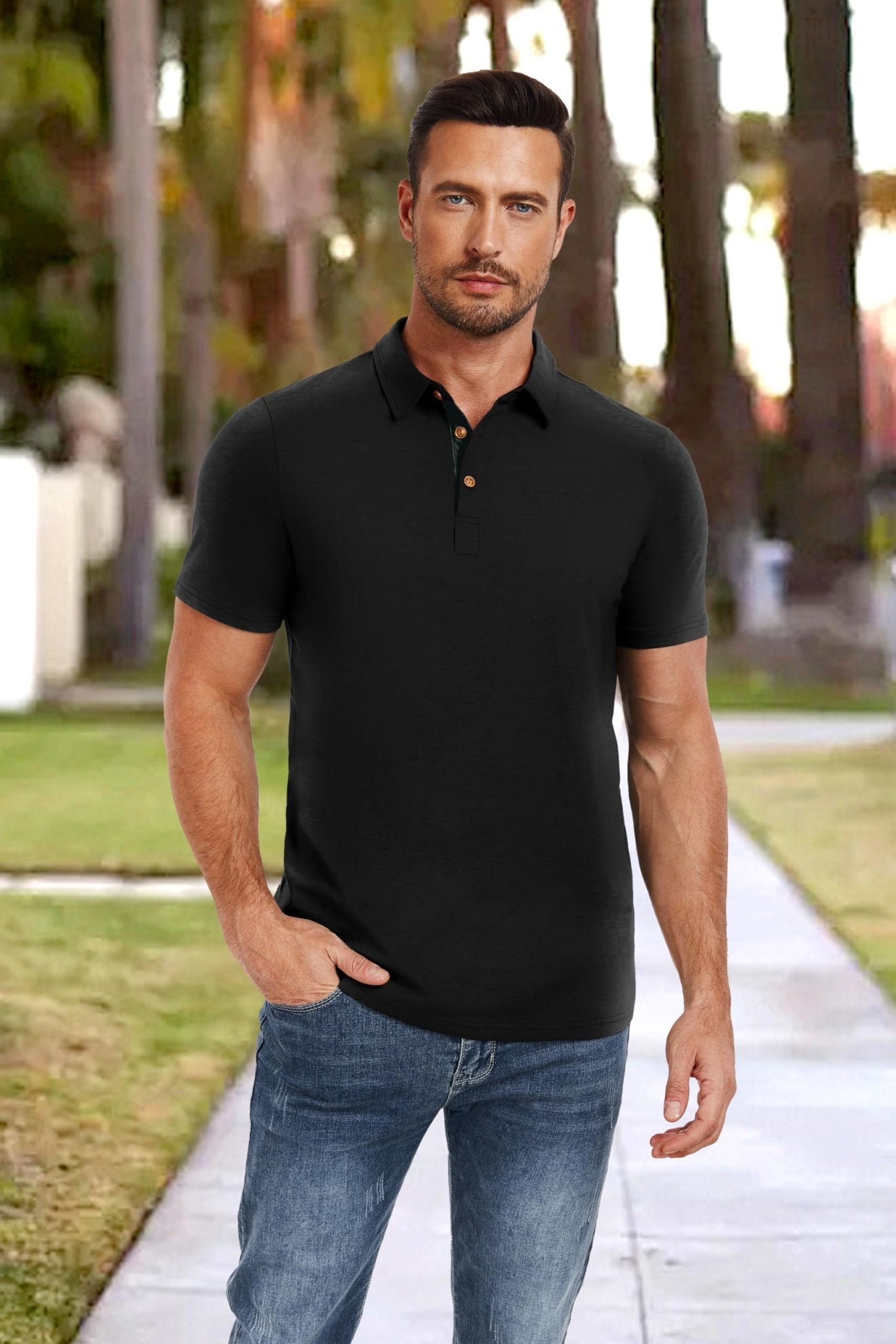 PEGENO Mens Polo Short Sleeve Shirt Designed Collared Polo Shirt Fashion Casual Shirts (Black - US Mideum) - The One Stop Deals