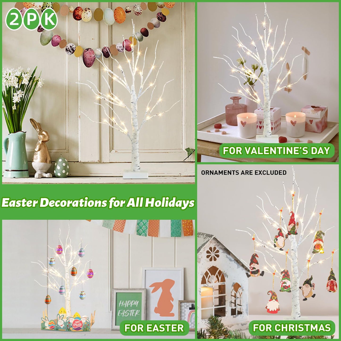 PEIDUO Easter Decorations, 2FT Birch Tree with LED Lights, Warm White Light up Tree Lamp, Easter Tree for Home Table Inside, Easter Decor Indoor, Battery Powered, Timer (2PK) - The One Stop Deals