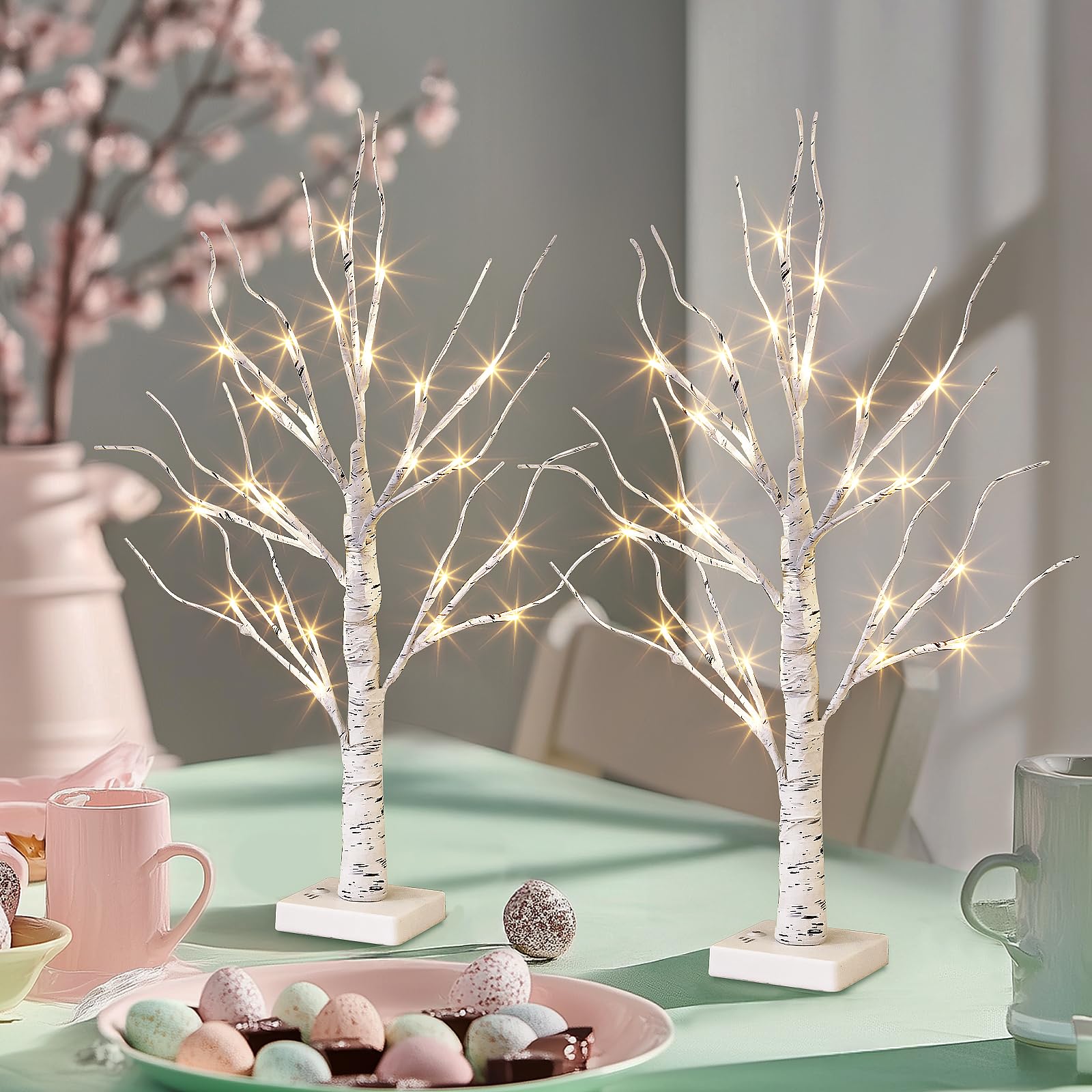 PEIDUO Easter Decorations, 2FT Birch Tree with LED Lights, Warm White Light up Tree Lamp, Easter Tree for Home Table Inside, Easter Decor Indoor, Battery Powered, Timer (2PK) - The One Stop Deals